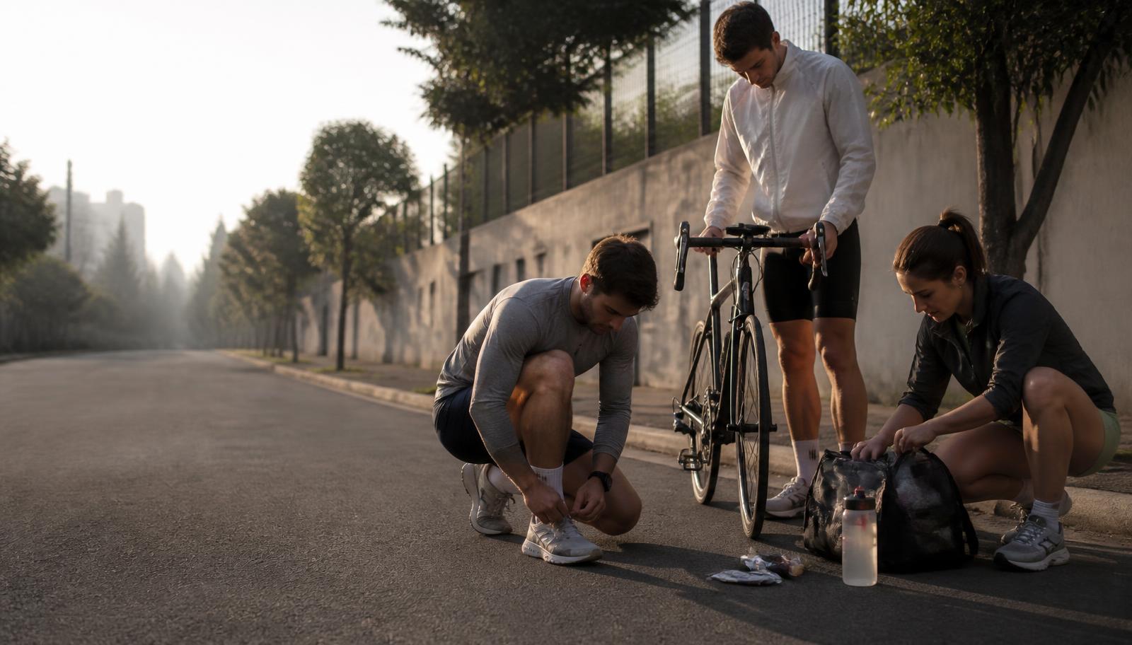 Deportistas preparando su equipamiento antes de entrenar